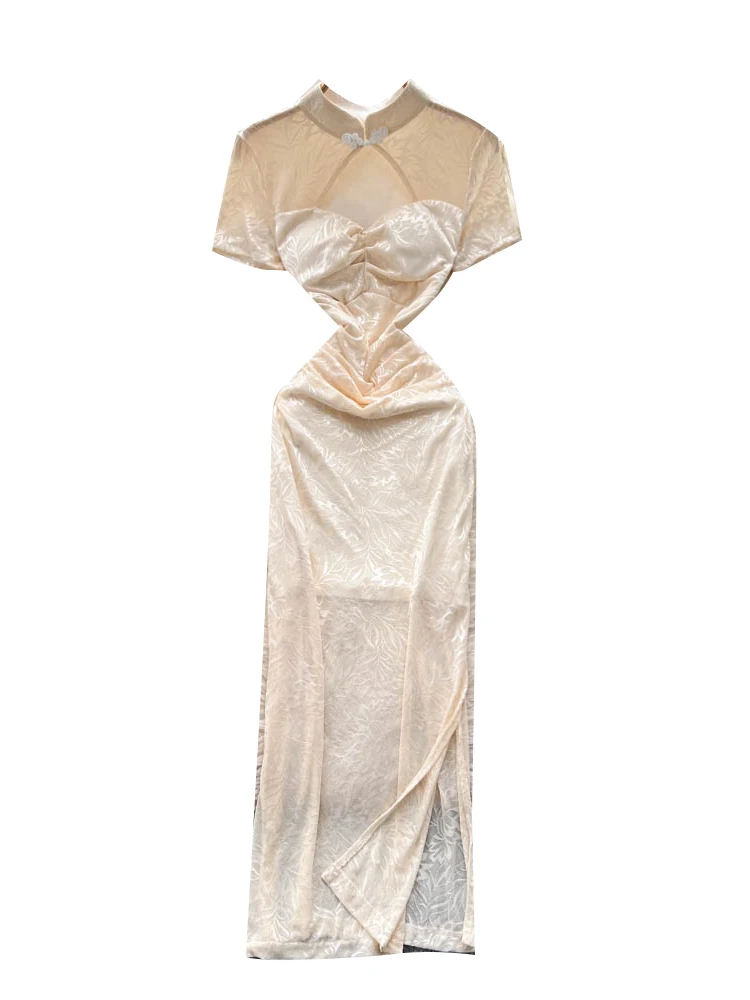Nuovo cinese Sle Qipao Dr Donna Estate Colletto alla coreana Ricamato Asimmetrico Net Svel Lungo Dimagrante Sexy Dr