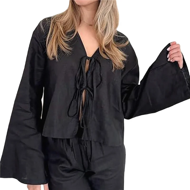 ABP-Tie Front Tops para mujer Y2K Camisas de lino Manga acampanada Cuello en V Ropa para salir Blusas casuales con cordones