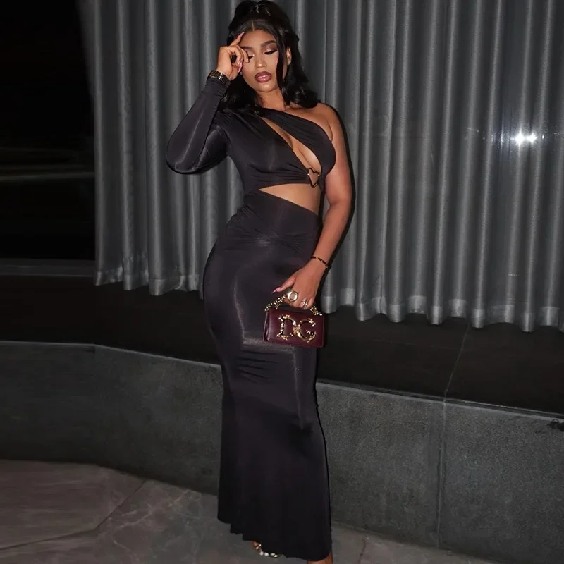

2025 Spring Summer One Shoulder Hollow Out Slim Elegant Maxi Dress Women Solid Asymmetric Full Sleeve Club Partywear Vestidos