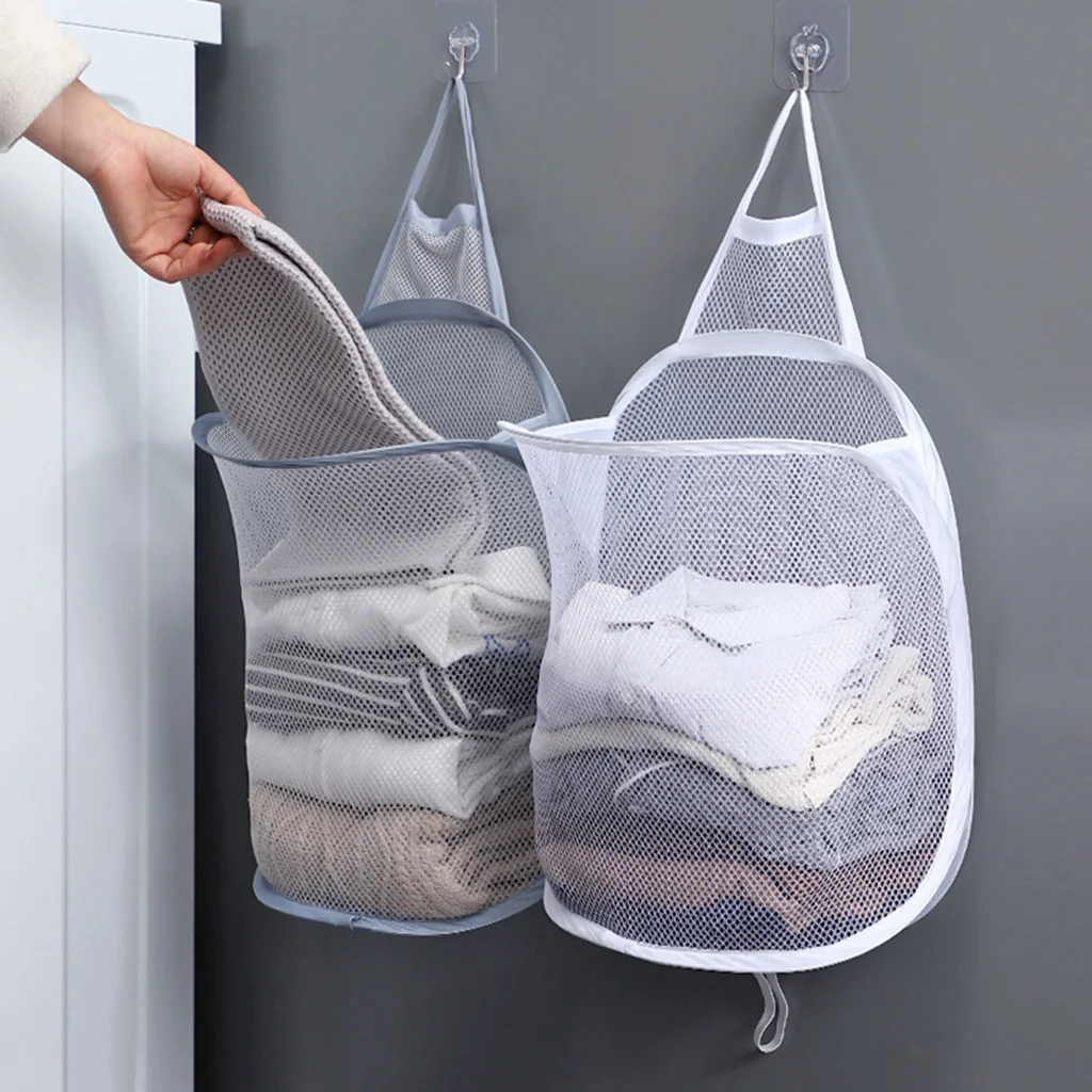 Portable Folding Laundry Basket Storage Bag Dirty Clothes Bathroom Clothes Mesh Storage Bag Home Wall Hanging Basket Bucket