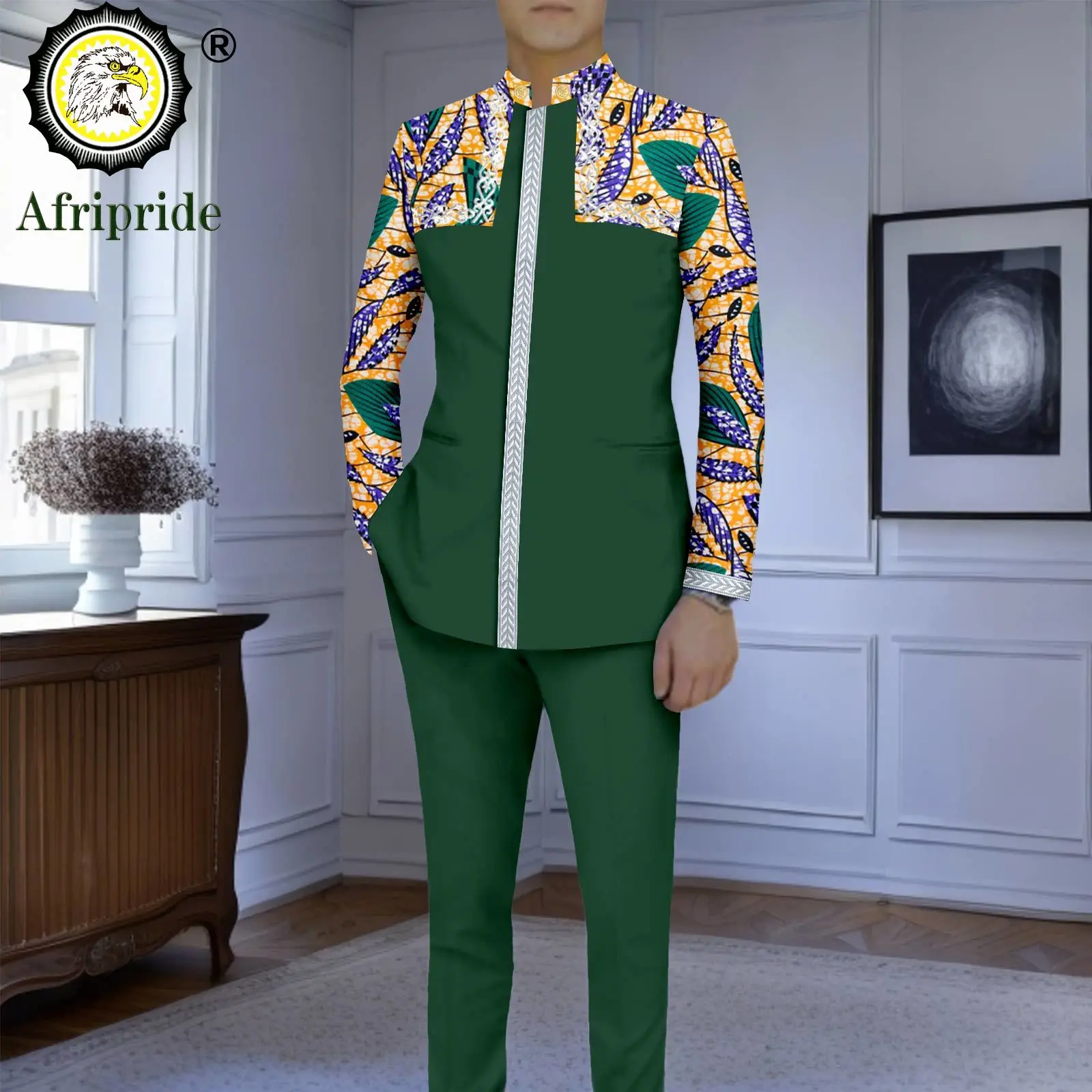 African Suits for Men Slim Fit Embroidery Print Jacket with Kerchief and Pants 2 Piece Set African Clothing for Wedding 2416106