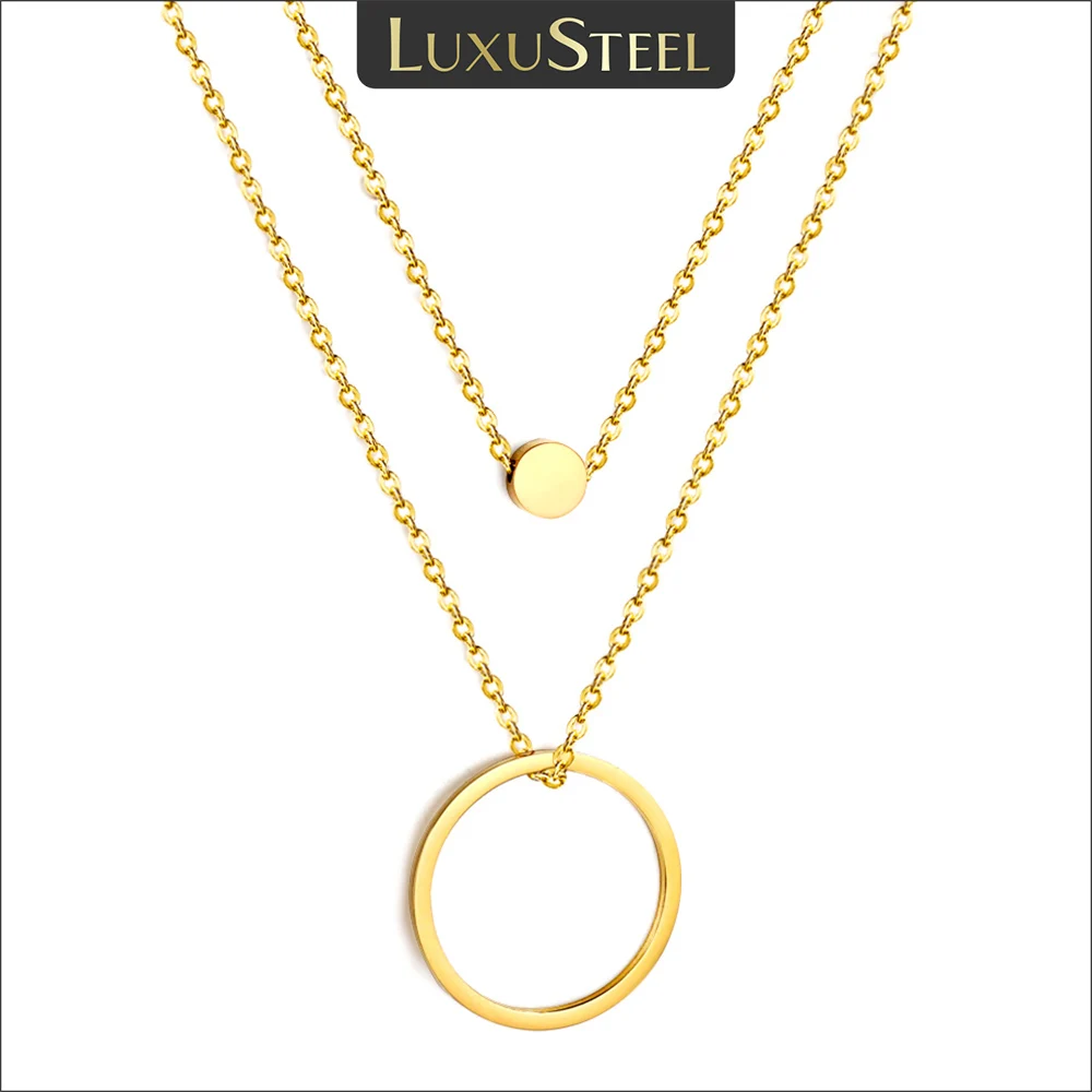 LUXUSTEEL سلسلة مزدوجة الطبقات كبيرة مجوفة دائرة مستديرة عملة قلادة قلادة للنساء مطلية بالذهب الفولاذ المقاوم للصدأ الكورية