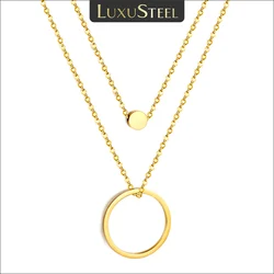 LUXUSTEEL Double Layer Chain Big Hollow Circle Round Coin Pendant Necklace For Women Golden Plated Stainless Steel Korean