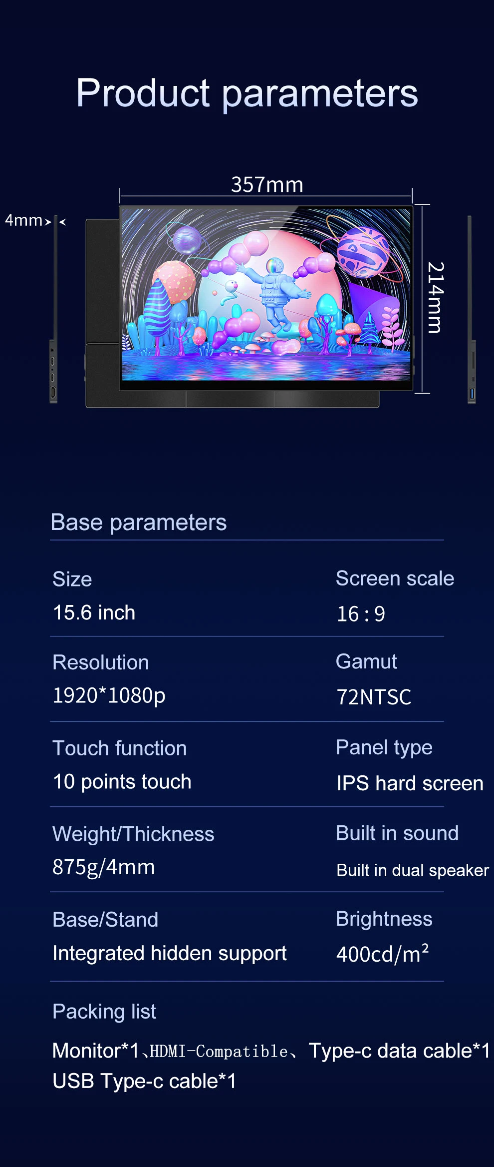 15,6 inch 1080p Touchscreen IPS Tragbare Monitor mit HDR USB-C HDMI-Kompatibel für Mobile Laptop Xbox PS4/5 schalter Metall Shell – Detail 13