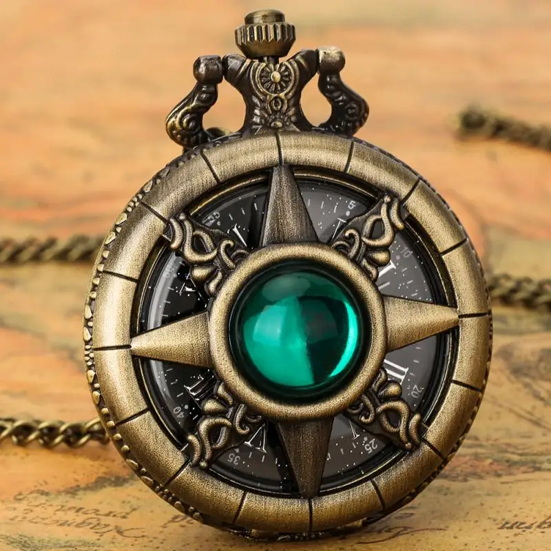 Bronze Diamond-encrusted Green Emerald Stone Hollow Rudder Design Quartz Pocket Watch Vintage Hollow Starry Sky Dial Chain Clock