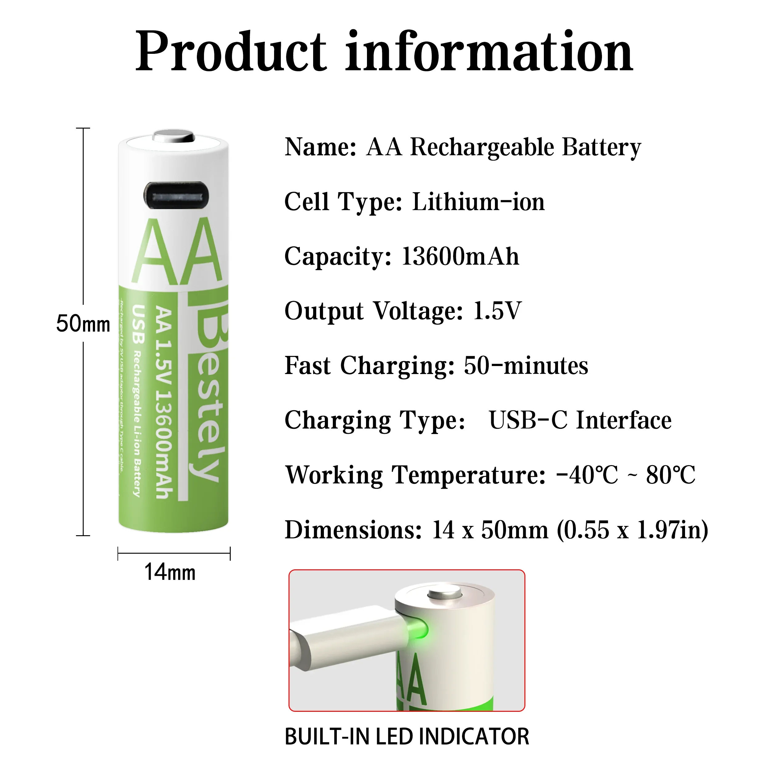 Bestely 1.5V AA 13600mAh Rechargeable Lithium Battery Long Lasting Fast Charging Li-ion Batteries 2000 Cycles with USB-C Cables