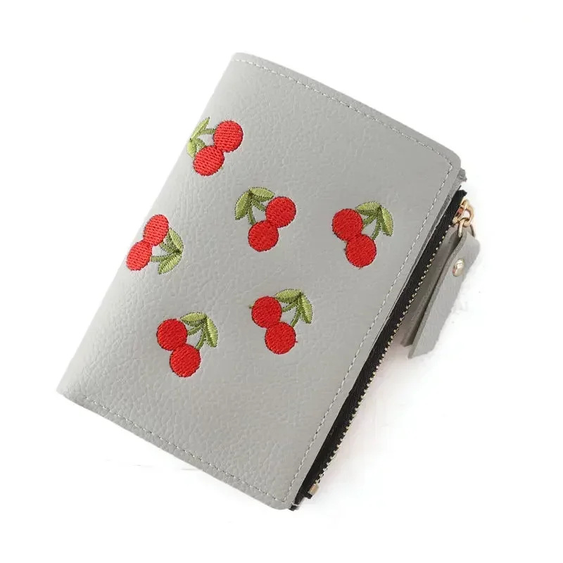 Fashion Women Short Wallet Small Zipper Purse Cherry Embroidery Coin Purse Cute Simple Card Holders Lady Girl Mini Money Bag