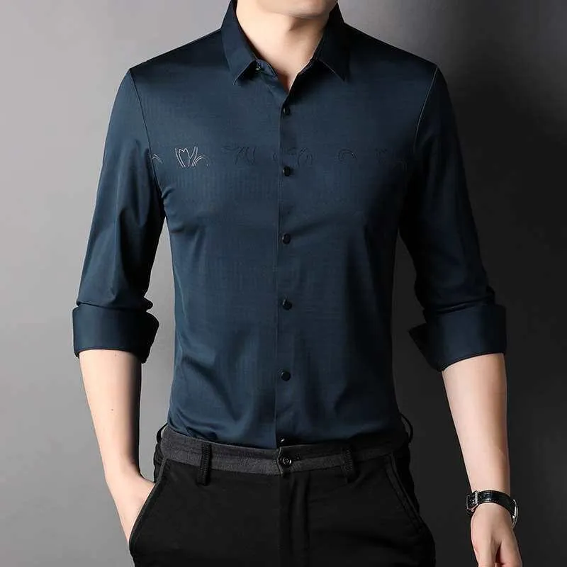 

Autumn Non-Ironing Stretch Men's Shirt Long Sleeve Breathable PU Leather Velvet Fabric Loose Fit Vintage Style Striped Pattern
