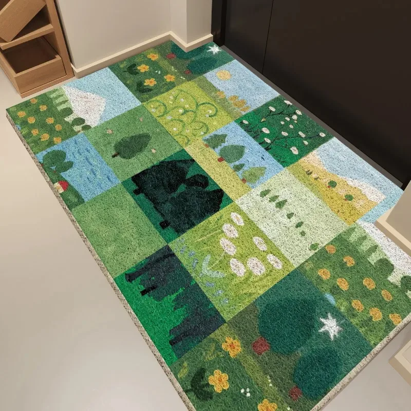 Green Scenery Illustration PVC Coil Doormat Cuttable Anti Slip Entrance Door Mat Dirt Sand Trapping Shoe Scraper Floor Rug