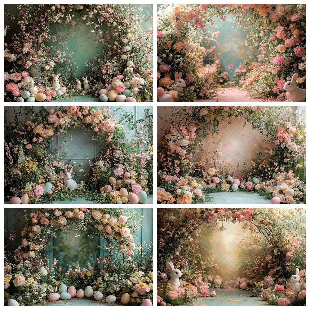 

Spring Easter Arch Floral Rabbits Eggs Photography Background Child Birthday Party Portrait Decoration Backdrop Photo Studio