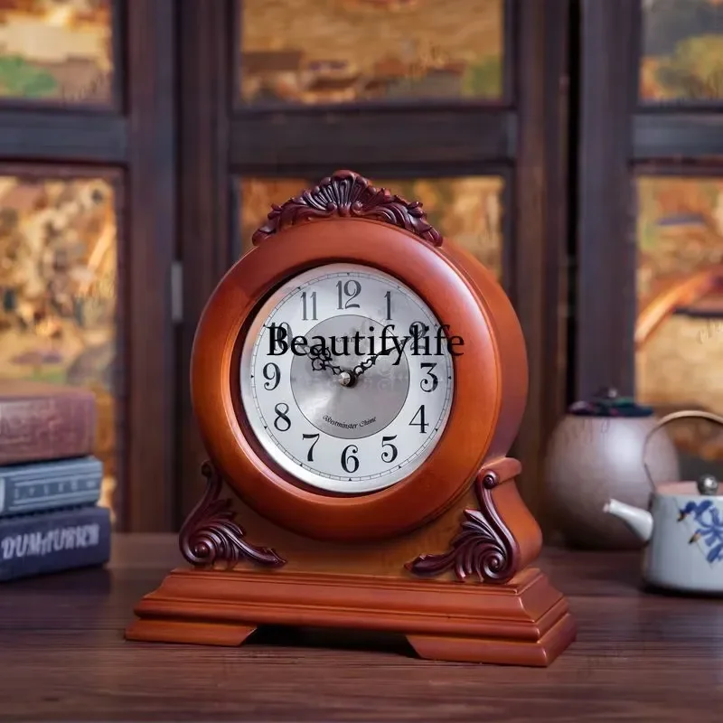 for European Retro Solid Wood Creative Desk Clock Silent Living Room Bedroom American Style Hour Clock Ornament