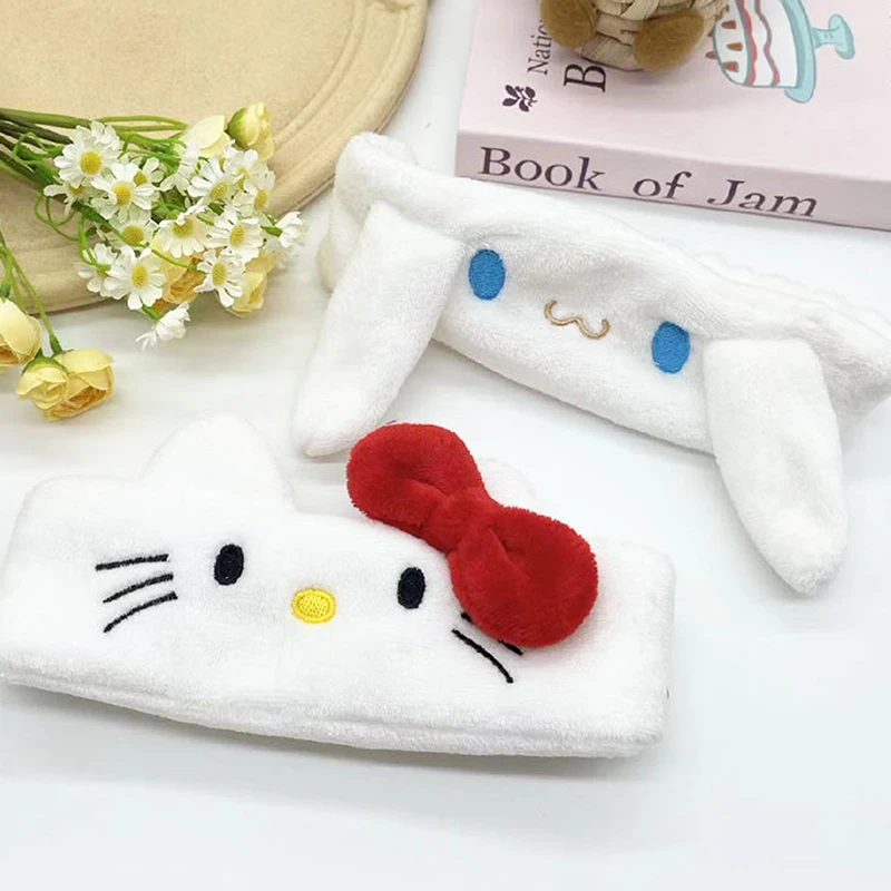 Sanrio Hello Kitty Cinnamoroll Plush Face Wash Makeup Hairband Cartoon Women Plush Headband Non Slip Elastic Hair Accessories