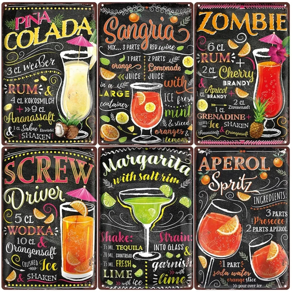 Juego de Letreros Metálicos Vintage con Recetas de Cócteles - Pina Colada, Sangría, Margarita, Aperol Spritz, Zombie, Screw Driver, Decoración de Pared con Bebidas