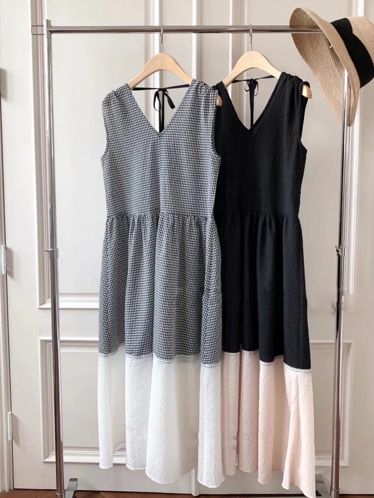 فستان نسائي أنيق بتصميم كلاسيكي وياقة على شكل V بدون أكمام، تنورة طويلة أنيقة للعطلات بتصميم كوري فضفاض يبرز الخصر #3