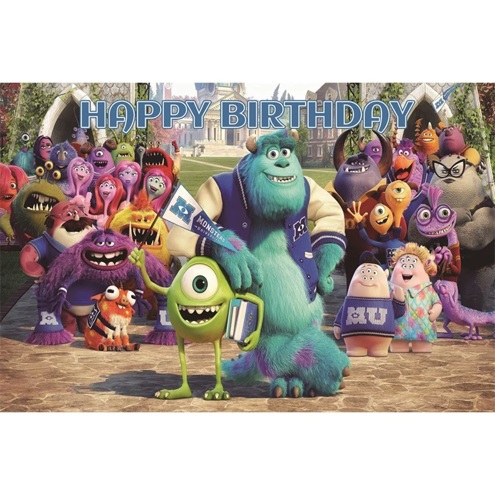 Disney Blue Backdrop Monsters Inc James P. Sullivan Mike Wazowski Baby Happy Birthday Party Cartoon Decoration Background Banner