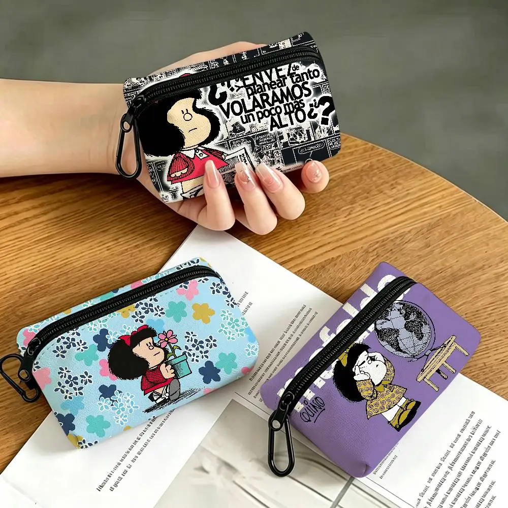 M-Mafalda Girl Portable Oxford Cloth Coin Purse Alloy Carabiner Hook Small Zipper Pouch For Backpack Belt Daily