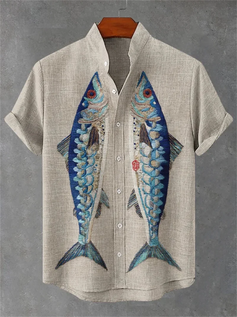 

Новая летняя льняная мужская льняная рубашка с короткими рукавами и элегантным рисунком кота, повседневный удобный топ на пуговицах