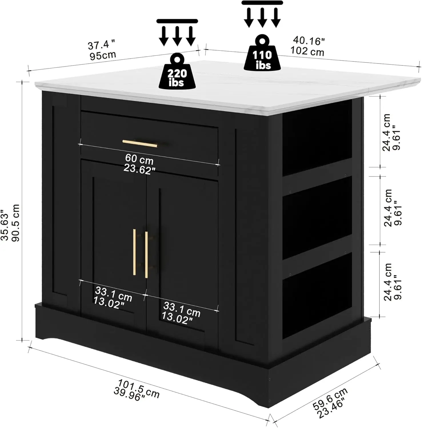Large Kitchen Island with Storage & Power Outlet, Drawer, Adjustable Shelves, Side Open Compartments, and Drop Leaf,Isl