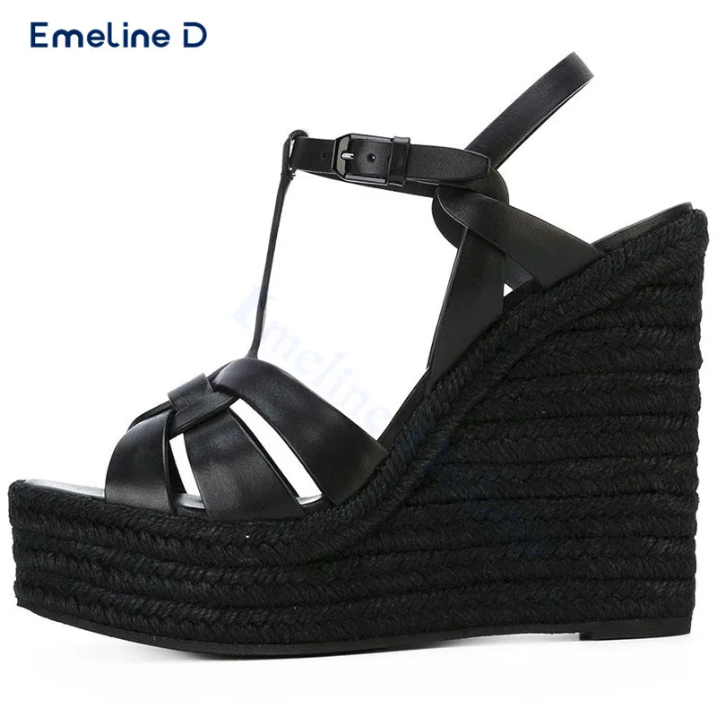 

Multicolor Cross-Over Espadrille Sandals Round Toe T-Strap Ankle Buckle Wedge High-Heeled Sandals Elegant Women's Shoes