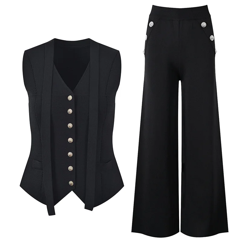 

High-End Version Paris B@Home Vintage Sle V-Ne Gold Bule Svel Tank Top And Wide Leg Pants Set Faionable Women's...