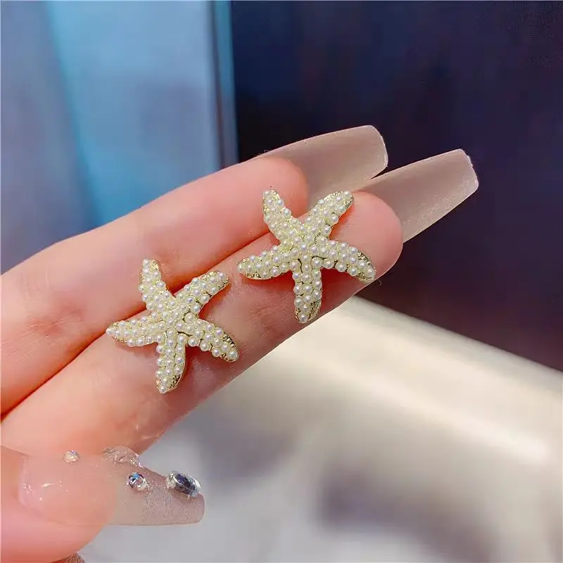 Cute Small Imitation Pearl Starfish Dangle Earrings for Women  Sweet Simple High-grade Temperament Silver Needle Fashion Jewelry