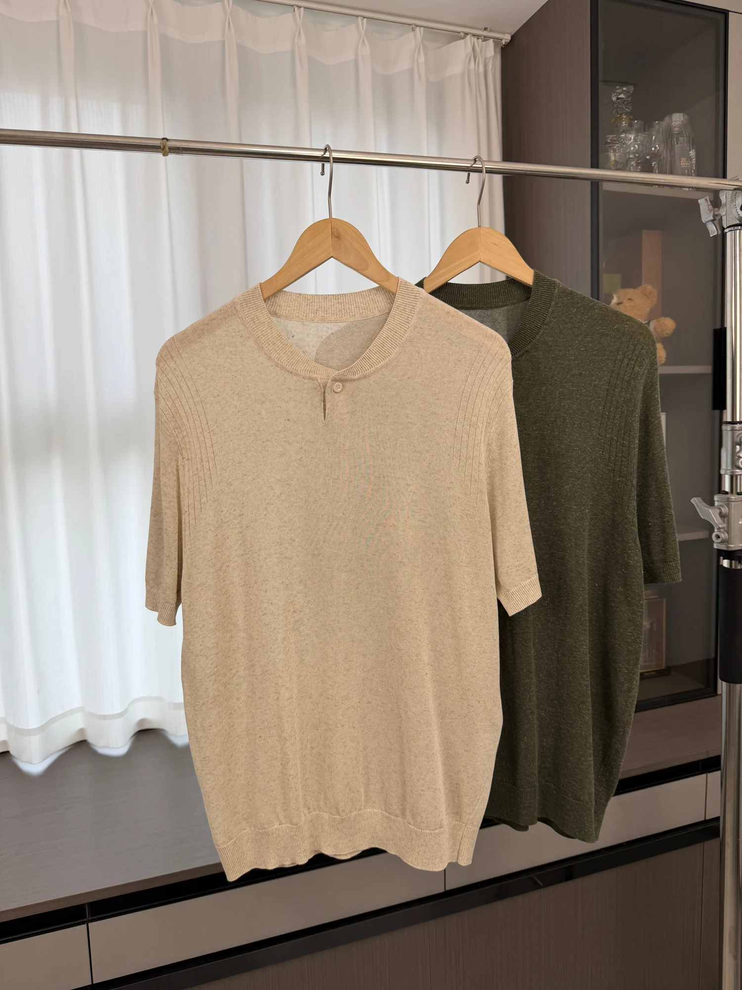 

Linen Blend Knitted Short Sleeve T-Shirt Casual Henry Collar Top for Men Breathable Comfortable Summer Fashion