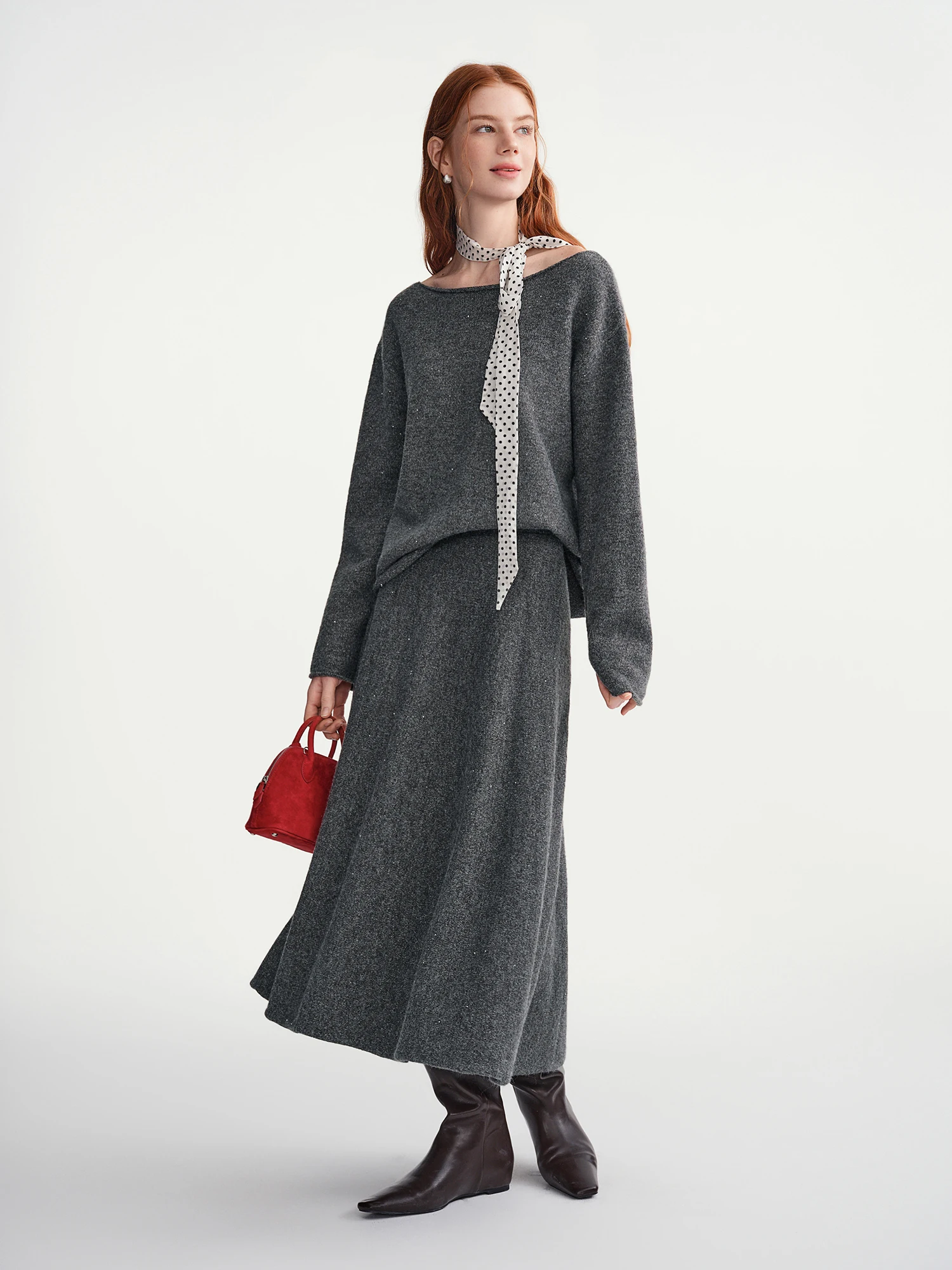 DUSHU التنانير مجموعات النساء رمادي مائل الرقبة سترة فضفاضة محبوك دعوى التنقل مكتب سيدة قطعتين الشتاء بسيط للجنسين Ins