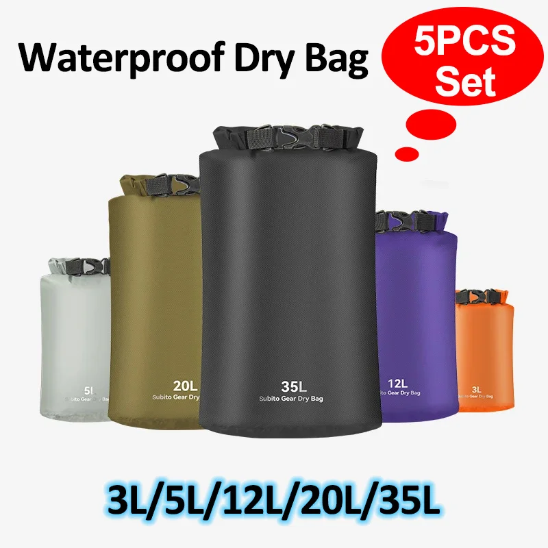 5pcs Set Outdoor Waterproof Swimming Dry Bag Beach Buckled Storage Sack Camping Drifting Snorkeling Bags With Adjustable Straps