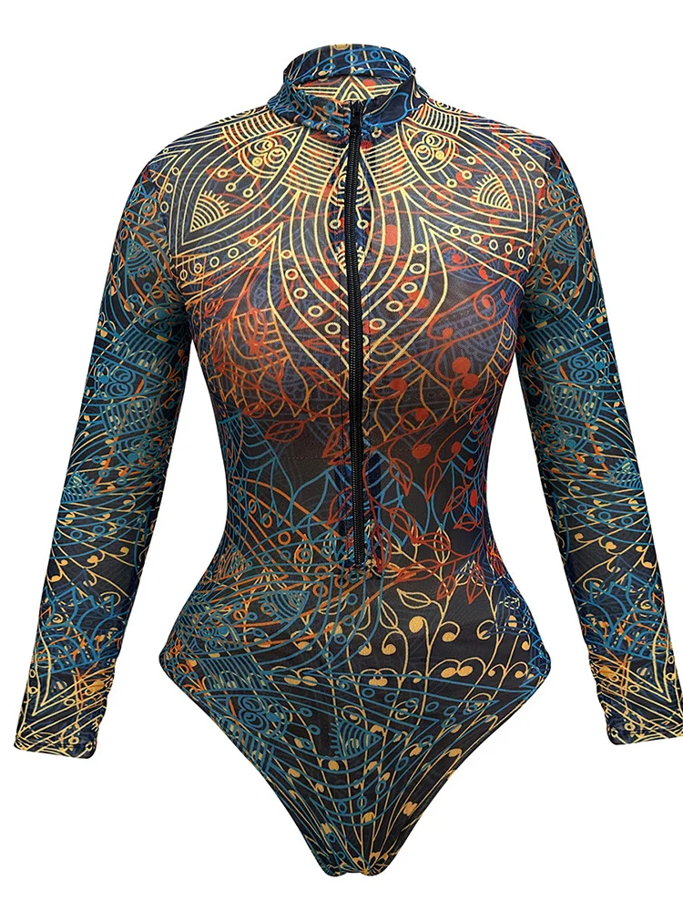 Long Sleeve Zip Front One Piece Swimsuit Abstract Print Rash Guard Sun Protection Mesh Swimwear Surfing Bathing Suit