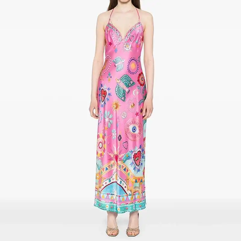 Robe longue en Satin imprimé à bretelles, dos nu, pour femmes, Banquet, Sexy, col en V, sans manches, ajourée, vacances d'été