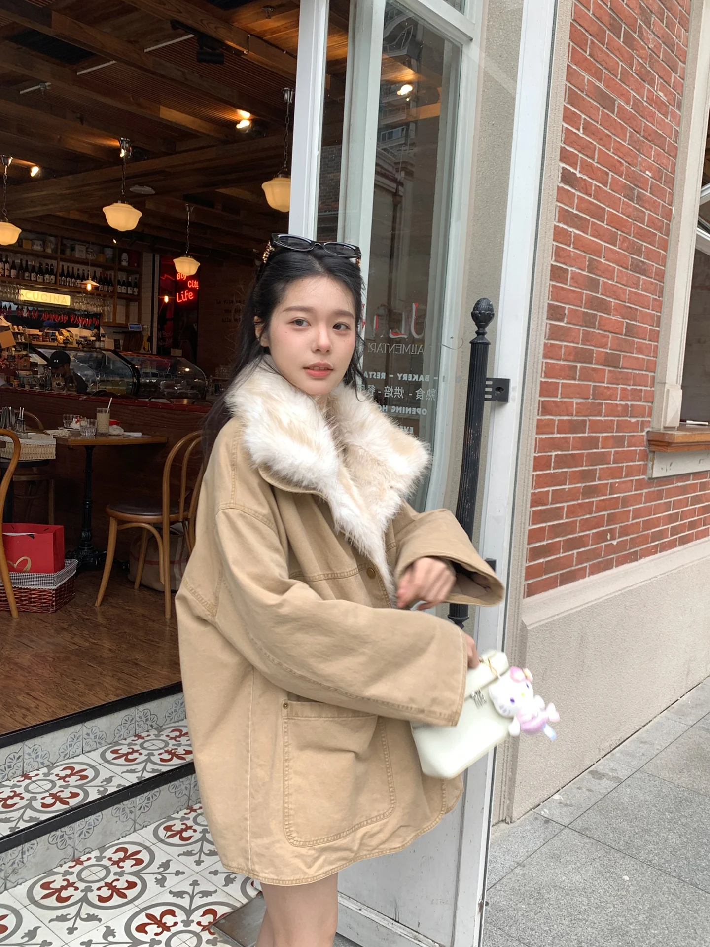 

Blue Detachable Fur Collar Jaet Khaki Windproof Retro Workwear Thiened Warm ort Outerwear Zipper Sle Long Sve