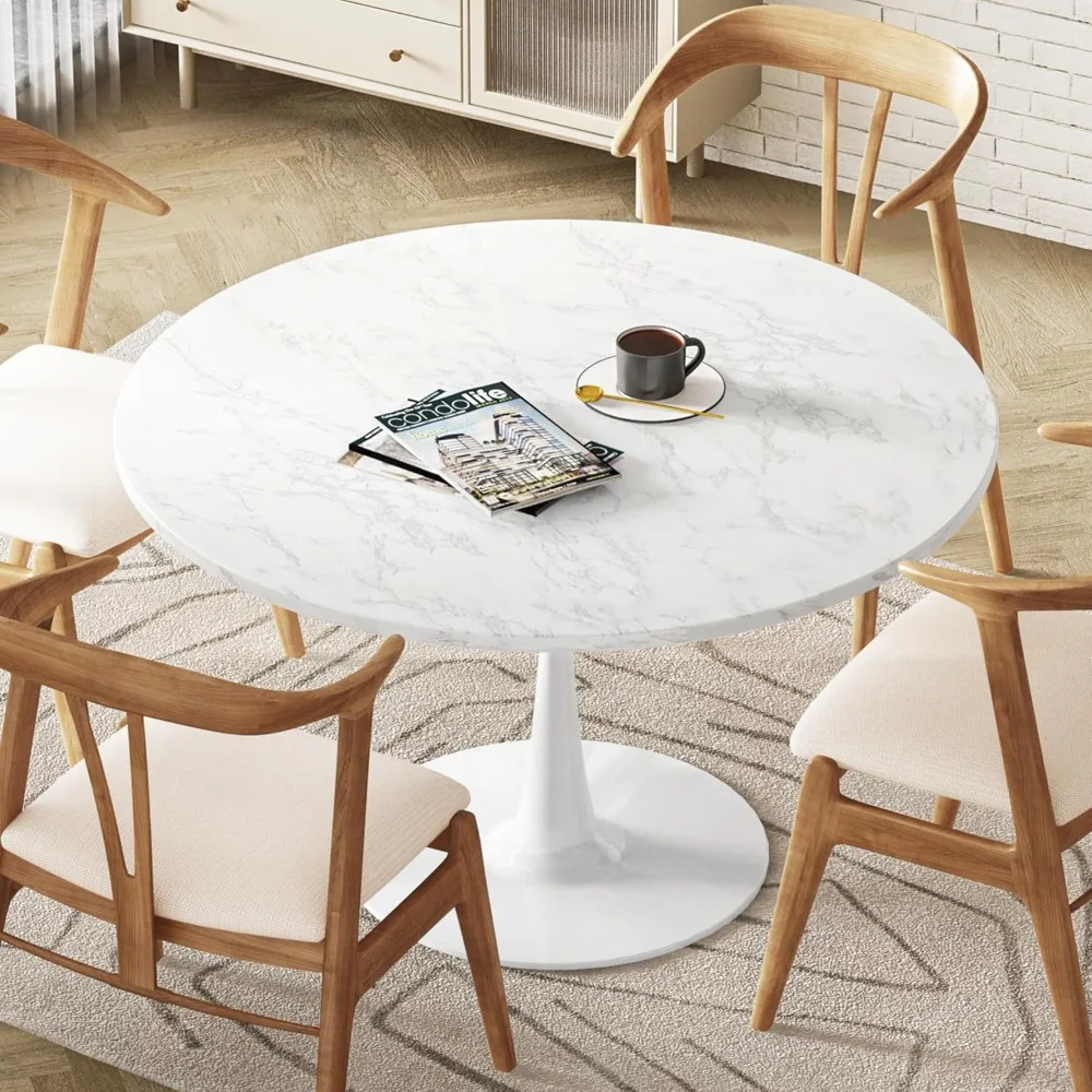 

White Marble Round Dining , Kitchen Dining Table with MDF Table Top & Pedestal Base, Mid-Century End Leisure