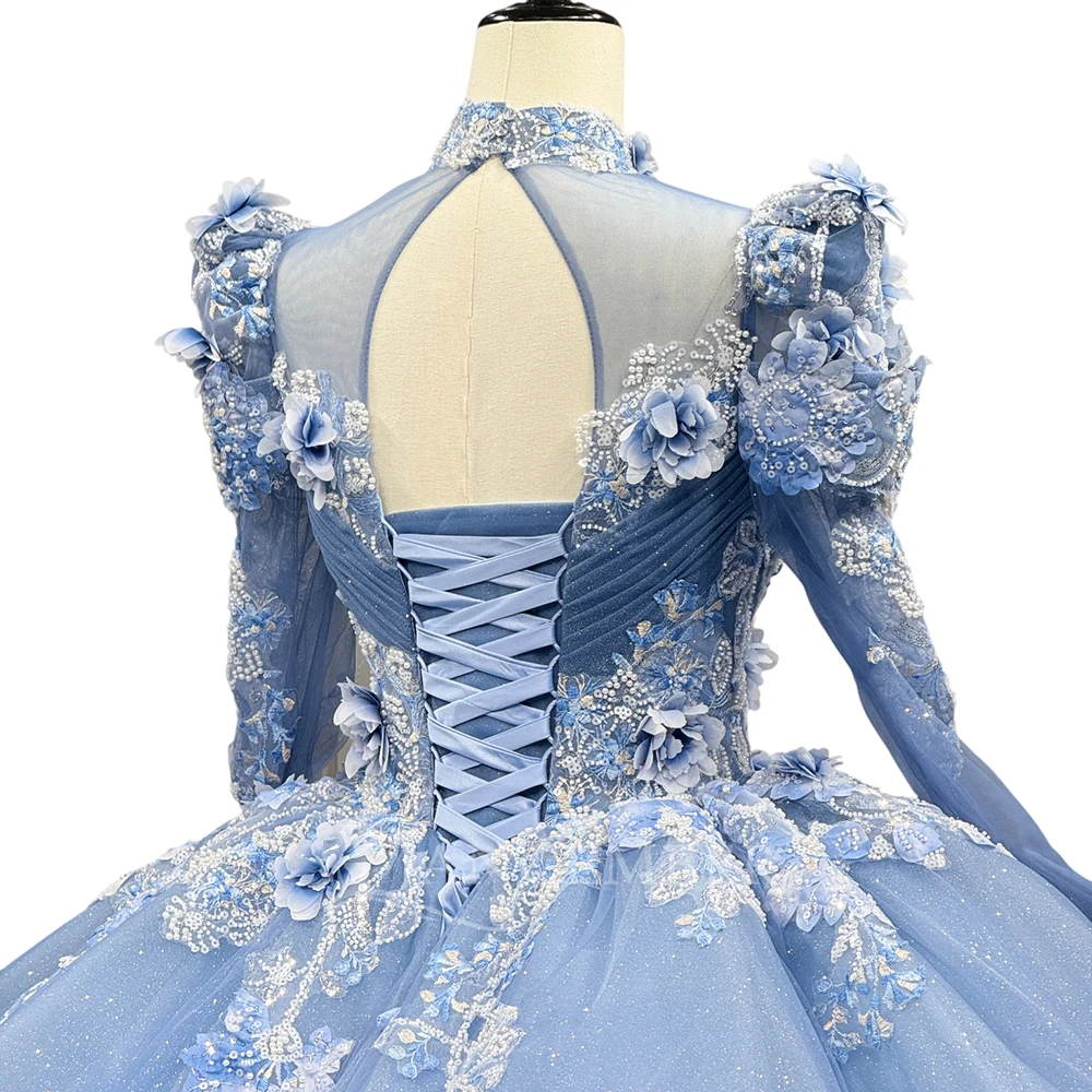 New Pretty Ball Gown Quinceanera Dresses for 15 Court Train High Collar Ruffles Appliques Prom Dress 15 Anos Vestido Customized