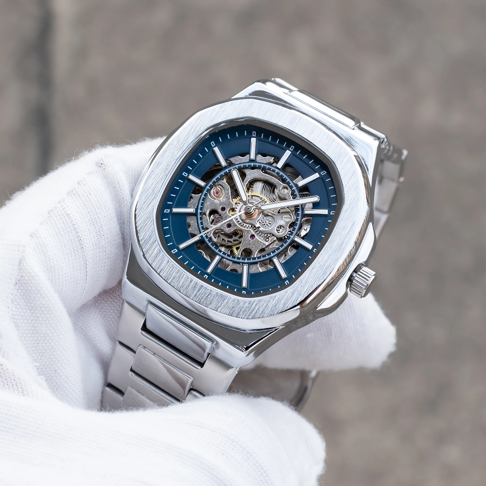 Luxury Men's Automatic Mechanical Watch Square Skeleton Blue Dial Fashion Business Bracelet Band