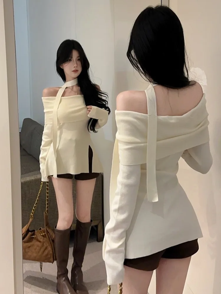 Herbst Winter Gestrickte Slim Fit T-shirt Overhead One oulder Lange Sve Reine Farbe Sexy Split mid Länge Französisch Sle Frauen...