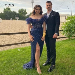 OIMG 2024 Navy Blue Shiny Cocktail Prom Dresses Floor Length Side Slit Off Shoulder Formal Event Dress Sequins Beads Outfit