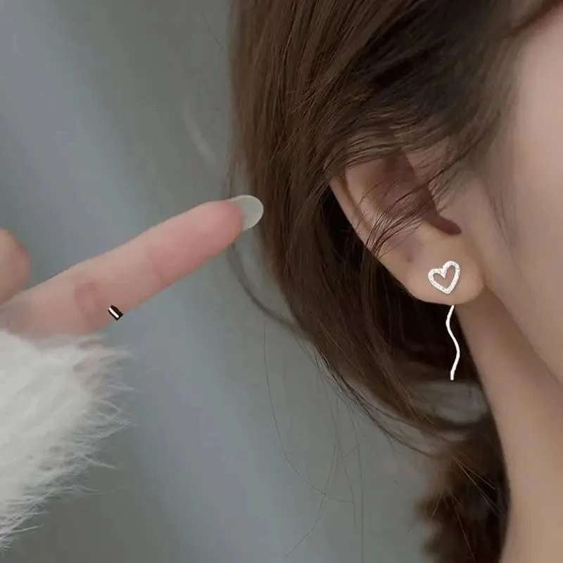 2024 New Fashion Long Tassel Zircon Love Drop Earrings For Women Sparkling Ear Line Earrings Jewelry Party Gifts