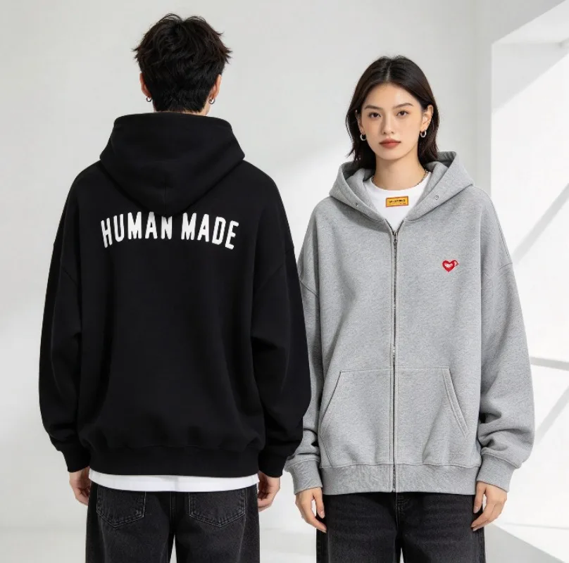 Human Made Fall Winter New Retro Zip-Up Hoodie, Loose Heart Print Couple Jacket Unisex Casual Top