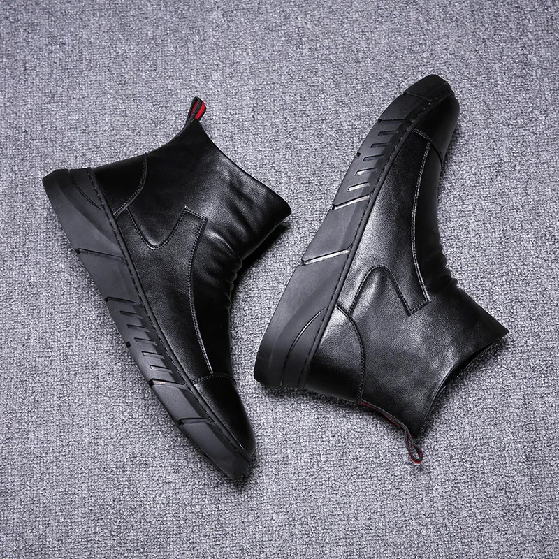 Men Shoes Leather Boots for Men Solid Black Platform Boot Warm Plush Winter Shoe Ankle Boot Casual Sneaker Men Zapatillas Botas