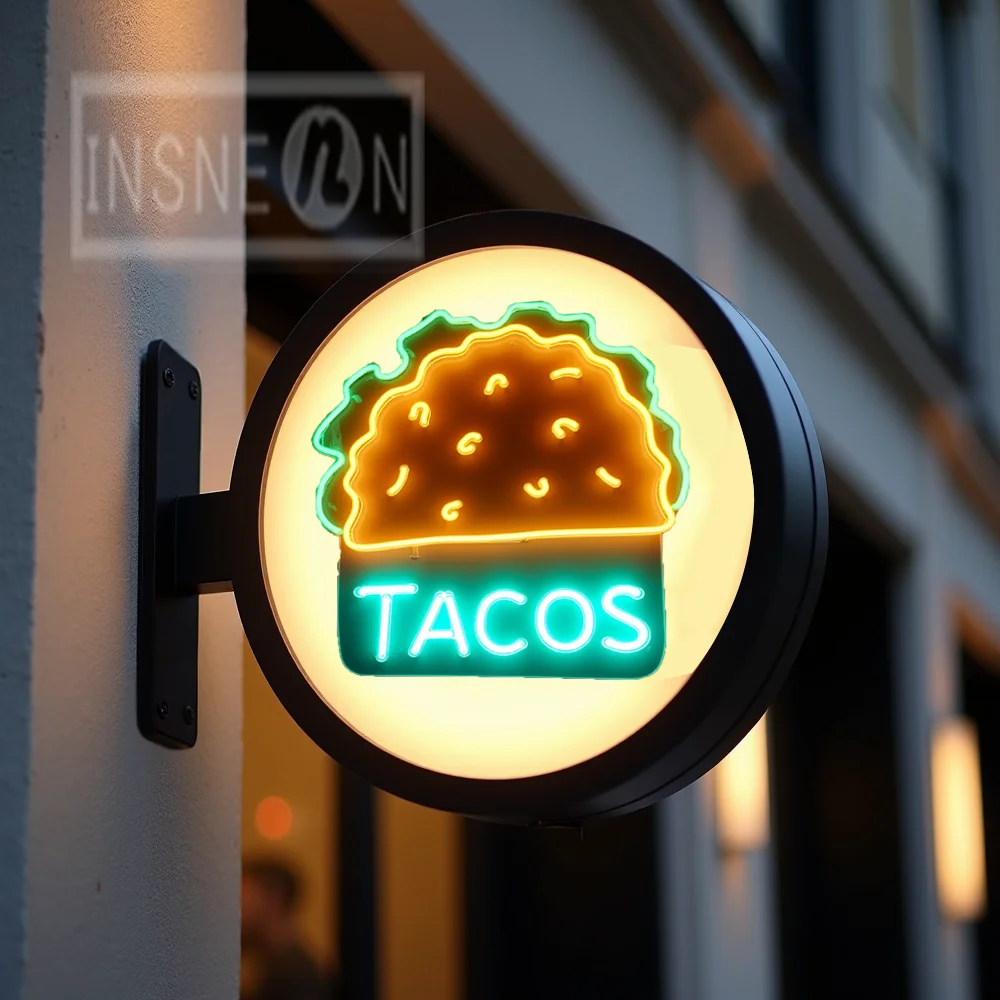 Custom Tacos Light Box for Storefront Round Acrylic LED Waterproof Double Sided Outdoor Business Signage Wall Mounted