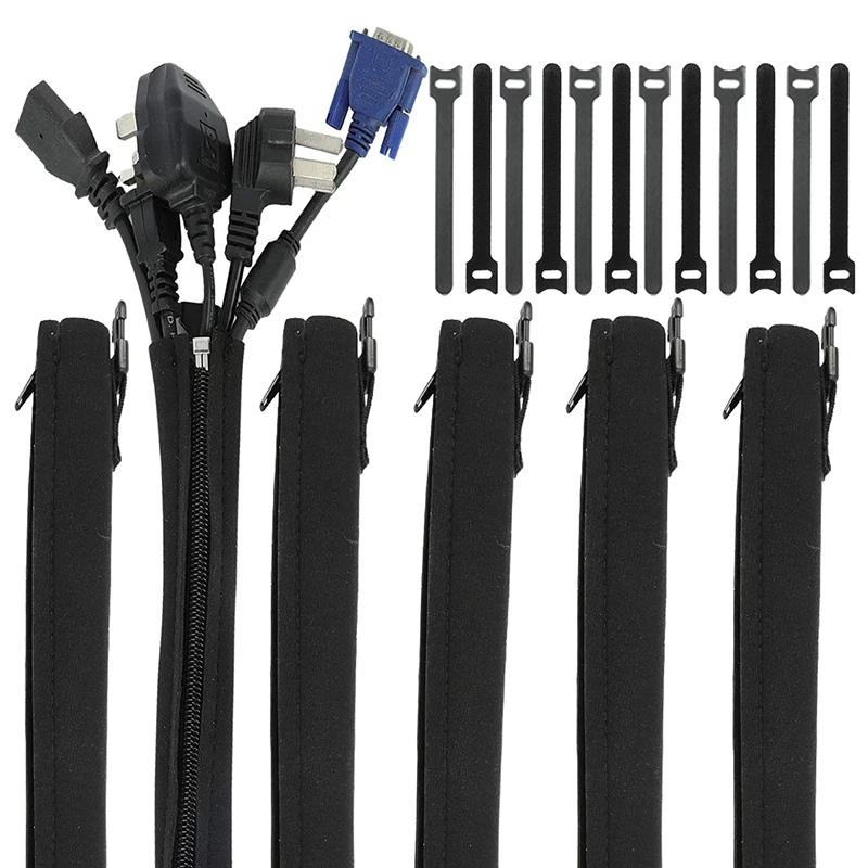 6 Pack Cable Management Sleeve With 12Pcs Cable Tie Cord Organizer Cable Cover Wrap Wires Hider System With Zipper