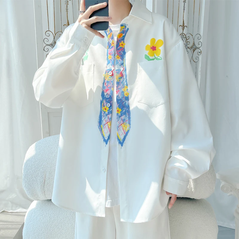 

Футболка с принтом в студенческом стиле, новинка 2025 года, мужская рубашка с длинными рукавами, забавный карандаш, рубашка с галстуком с ручной росписью, свободная рубашка большого размера с граффити