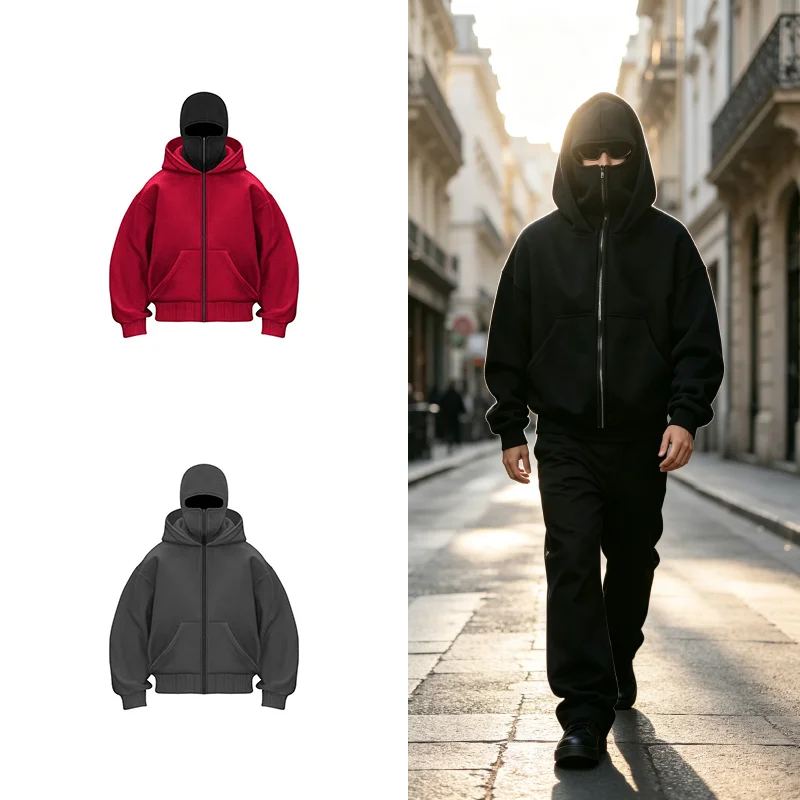 Unisex Y2K Gothic Harajuku Balaclava Winter Warm Double Hooded Sweatshirt Hooded Mask Zipper Sports Jacket for Men And Women