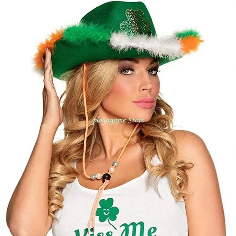 Y88A Ierse Nationale Dag Hoge Hoed Groene Cowgirl Hoed Brede Rand Hoed Mode Patrick Day Fedora Muzikaal Festival Hoed