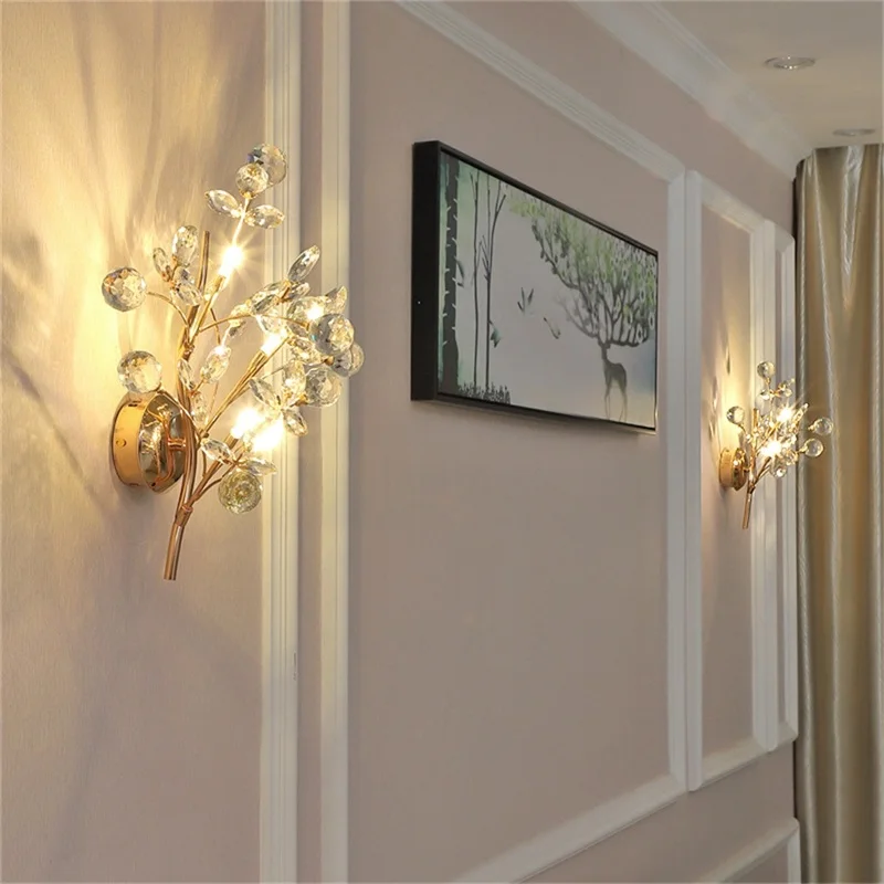 SAMAN lámpara de pared interior de estilo europeo, accesorios de lujo de cristal rosa, candelabros de luz LED modernos para decoración del hogar