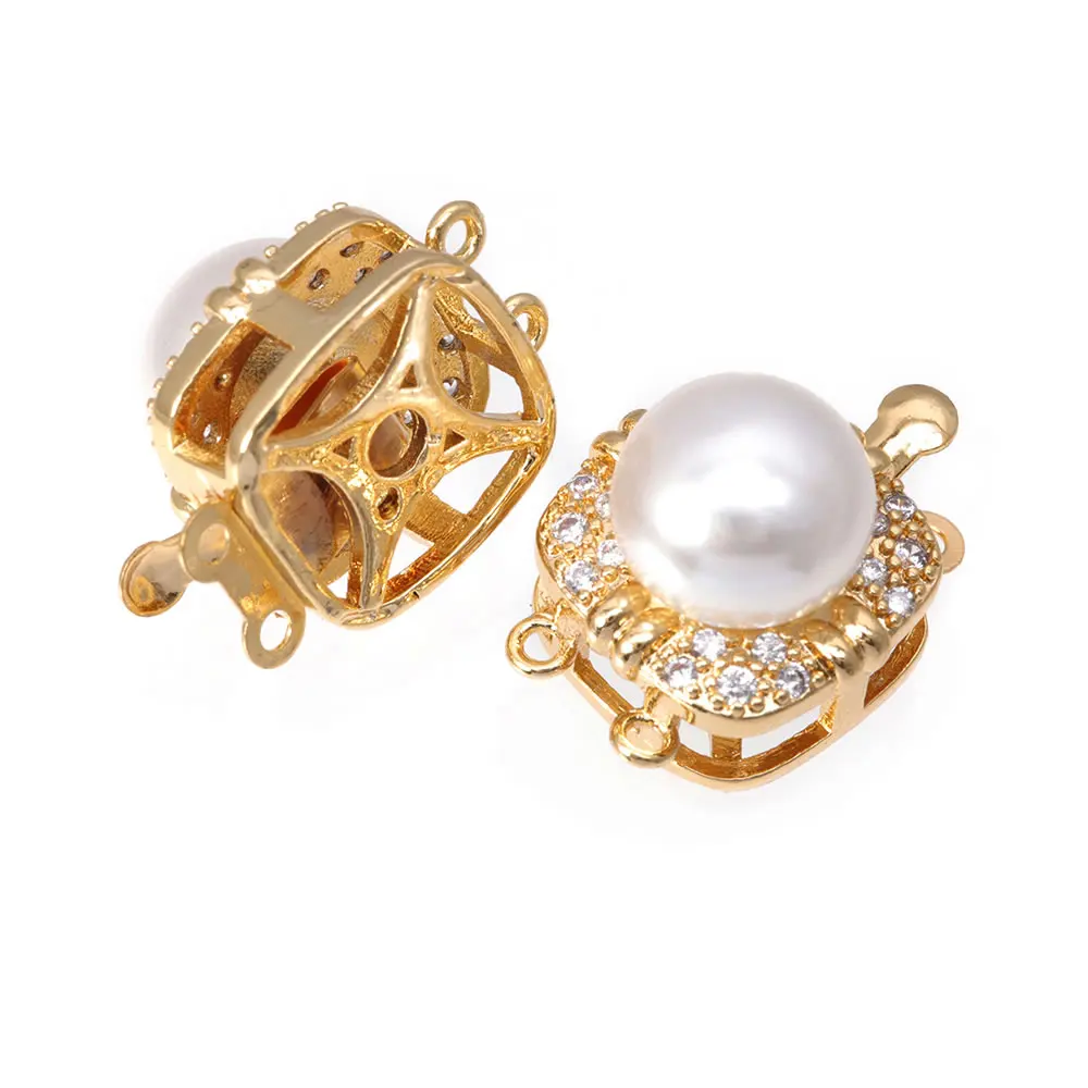4 Sets 18K Gold Color Brass and Zircon and Plastic Imitation Pearls Flower 2 Line Necklaces Connect Clasps Diy Jewelry Making