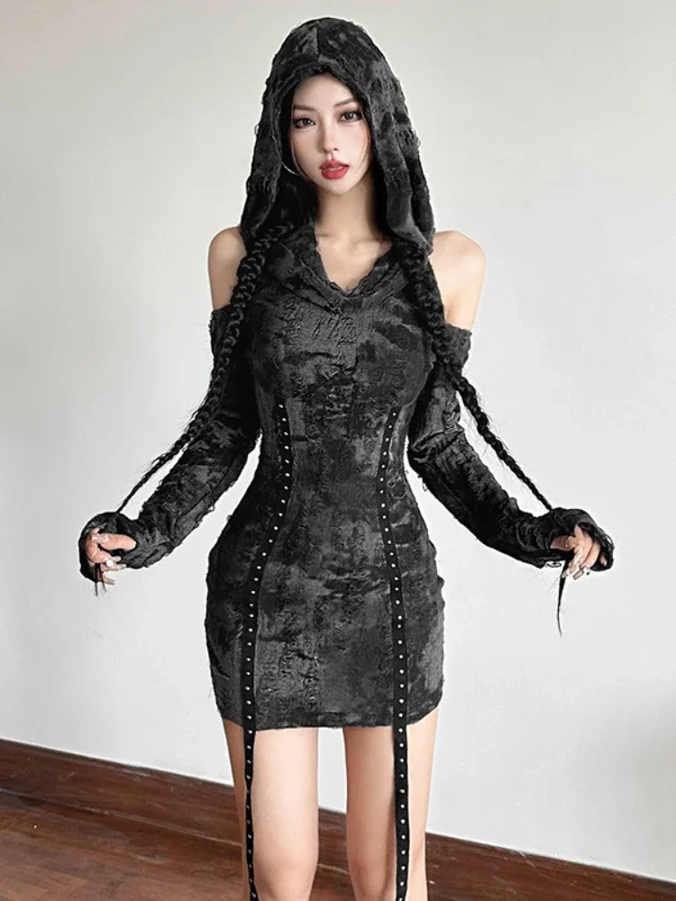 AltGoth Aesthetic Cyber Punk Dress Women Mall Goth Streetwear Harajuku Hole Hollow Out Eyelet Strap High Waist Bodycon Dresses