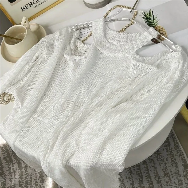 2026 New Punk Gothic Women Hollow Out Mesh Knit Sweater Cold Shoulder Off Shoulder Long Sleeve See Through Crop Top Y2K Grunge S