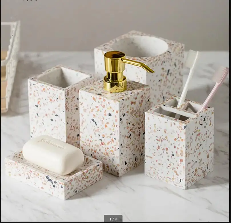 

Resin Bathroom 5-piece Set Decor Toiletries Wash Square Mouth Cup Toothbrush Holder Lotion Bottle Soap Dish Toilet Brush