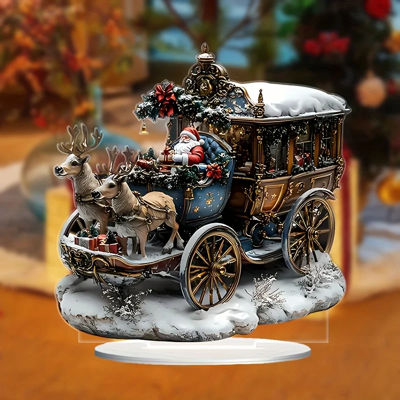 1Pc Acrylic Christmas Scene Tabletop Decor - Versatile Santa Sleigh With Reindeer Ornament For Home, Office, And Outdoor Holiday